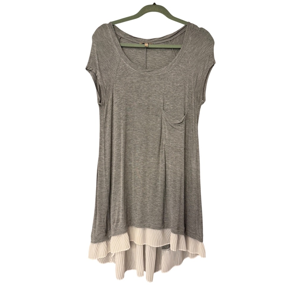 Bordeaux Grey Pleated Chiffon Hem Tunic Top Short Sleeve Split Back Womens S